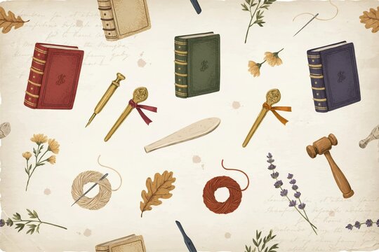Seamless pattern featuring vintage books, wooden tools, sewing needles, yarn, and dried flowers on a textured aged paper background