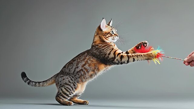 Tabby cat jumping and reaching for a colorful feather toy