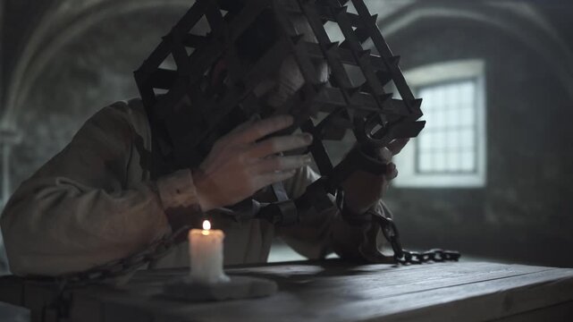 Medieval cell inmate in a metal head cage and cuffs touching the iron cage bars, slowly dropping his hands onto a rough table next to a burning candle, inside a dark dungeon
