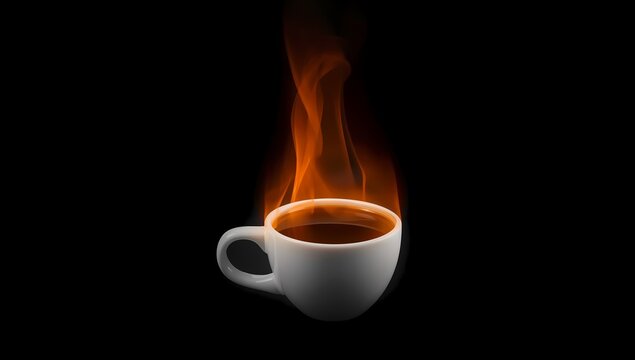 Cup of Hot Coffee with Vibrant Dancing Flames and Smoke on Black Background