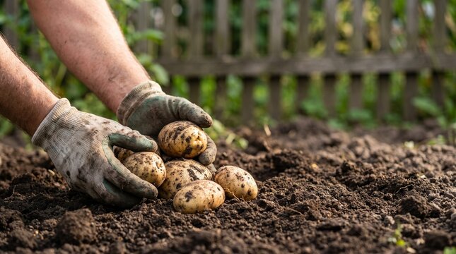 Gardener collecting freshly harvested potatoes by hand from fertile garden soil