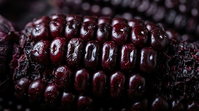 Vibrant close-up of heirloom purple corn kernels with a glossy texture, representing organic farming and natural plant-based nutrition