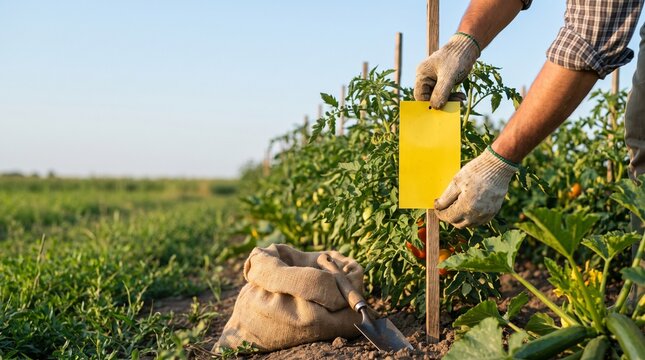 Gardener installing yellow sticky insect trap for pest monitoring in tomato garden