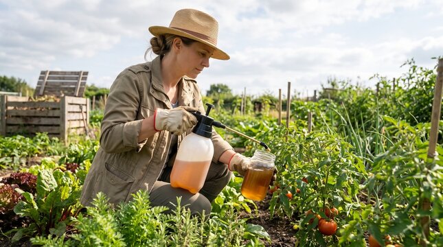 Gardener applying organic liquid fertilizer to tomato plants in vegetable garden