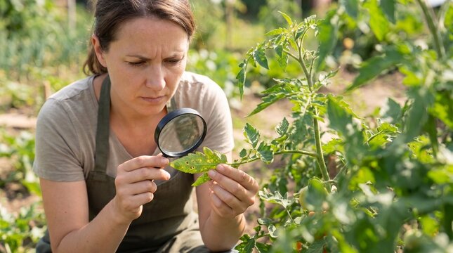 Female gardener inspecting diseased tomato leaf with magnifying glass in vegetable garden