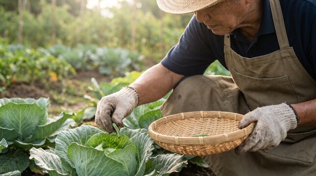 Senior gardener handpicking cabbage caterpillars during organic pest control in vegetable garden