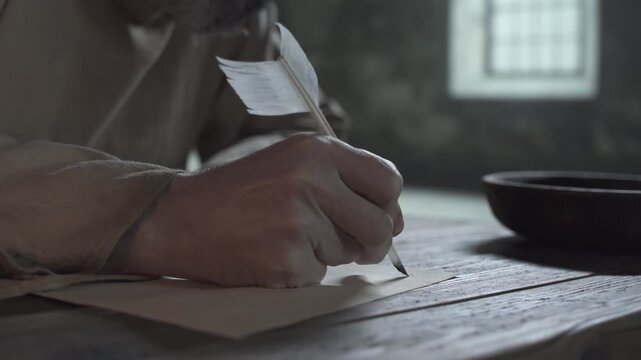 Close up shot of medieval prisoner hands writing first line with quill pen on parchment paper on wooden table inside a gloomy jail cell