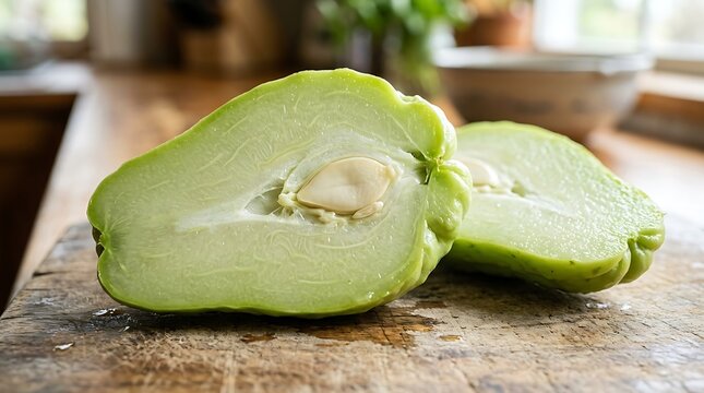 Fresh Green Chayote Squash Sliced in Half on a Rustic Wooden Cutting Board, Healthy Organic Vegetable Ingredient for Cooking