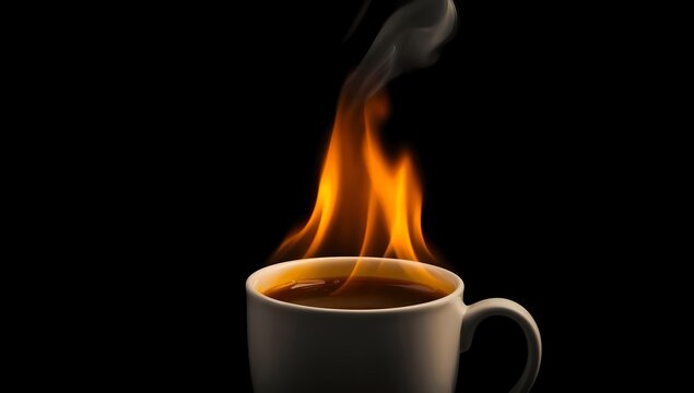 cup of coffee with bright orange flames rising from the liquid surface