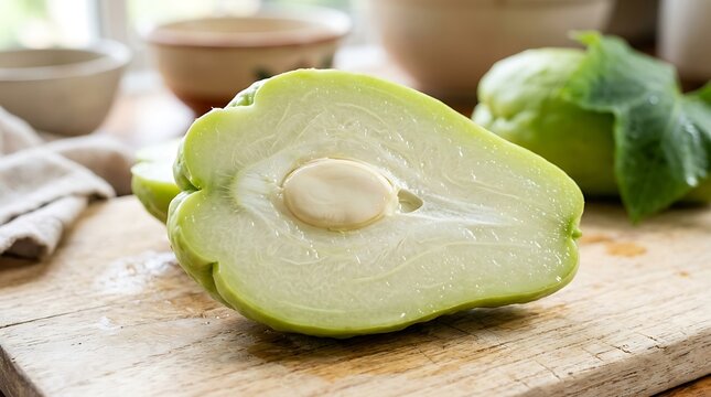 Freshly sliced chayote squash on a wooden cutting board in a kitchen setting