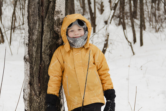 A child in a yellow jacket and gray hat plays in a winter park. A snowy winter forest, a fairy tale. An active, healthy lifestyle and fun games in the snow during the holidays