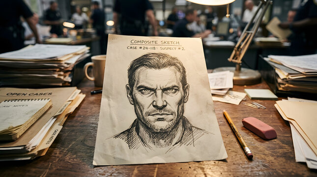 Police composite sketch of a male suspect on a cluttered desk in a busy precinct office.