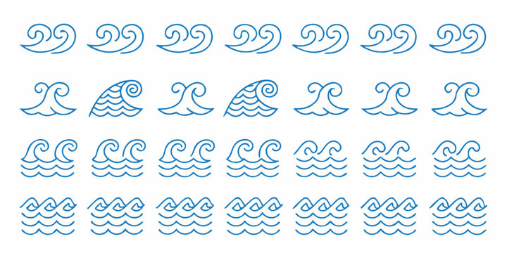 Collection Of Stylized Water Wave Line Art On White Background