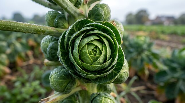 Close-up photo of fresh green Brussels sprouts growing on stalk in an agricultural field during morning harvest