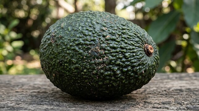 Fresh Organic Ripe Avocado Fruit Resting on a Rustic Textured Wooden Table Surface in a Natural Garden Setting