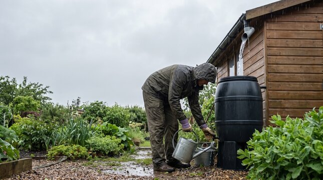 Gardener collecting rainwater from water barrel for sustainable garden irrigation during rainy weather