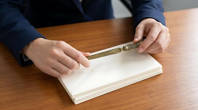 Hands using ornate letter opener on white envelopes