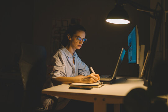 Businesswoman working overtime from home office
