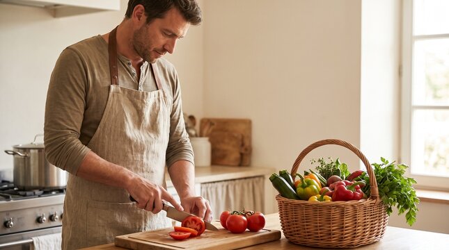 Man preparing fresh vegetables in home kitchen against bright background