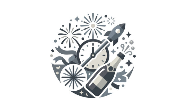 New Year party icon with rocket, champagne, and clock.