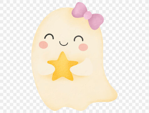 Watercolor cute ghost with star Halloween illustration vector.