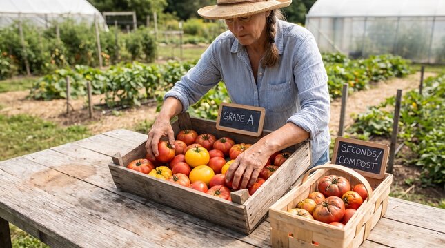 Woman sorting harvested tomatoes by quality in garden