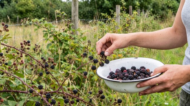 Hand harvesting ripe blackberries into bowl in berry patch