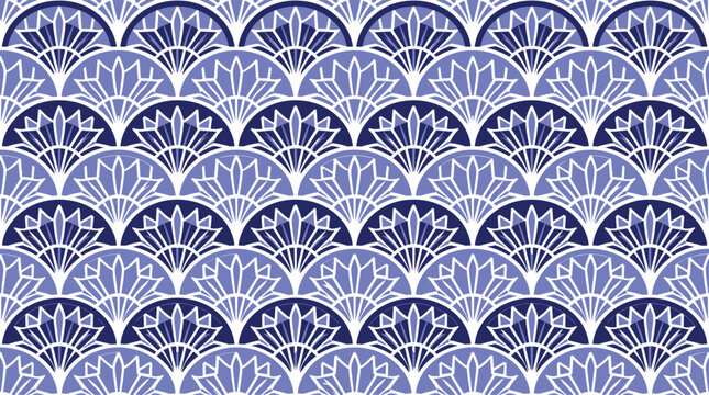 Seamless pattern featuring blue and white deco fan shapes in a repeating symmetrical geometric arrangement