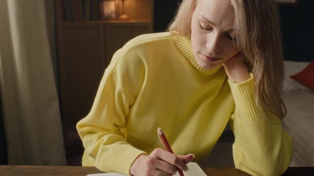 Portrait of Caucasian young adult woman drawing in notebook and looking at camera. Clip is suitable for mental health awareness campaigns, journaling apps, or creative writing advertisements