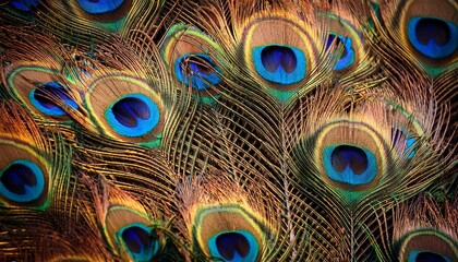 Fototapeta premium Close Up Of Vibrant Blue And Gold Peacock Feathers With Intricate Details