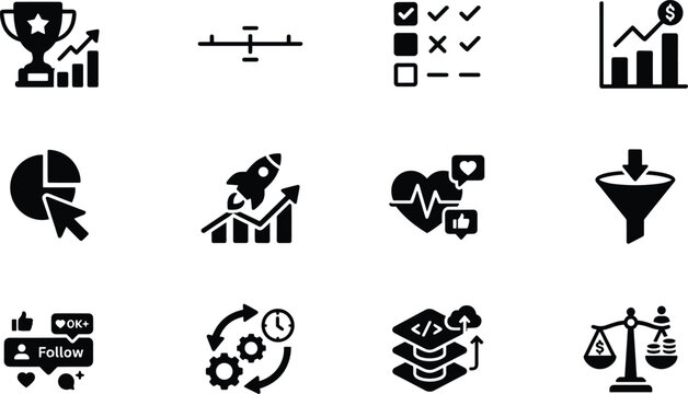 Business competitor analysis and market benchmarking icon set featuring performance metrics data growth strategy visualization elements vector illustration style