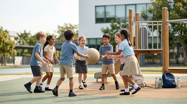 Group of diverse elementary school children playing with a ball on the school playground.
