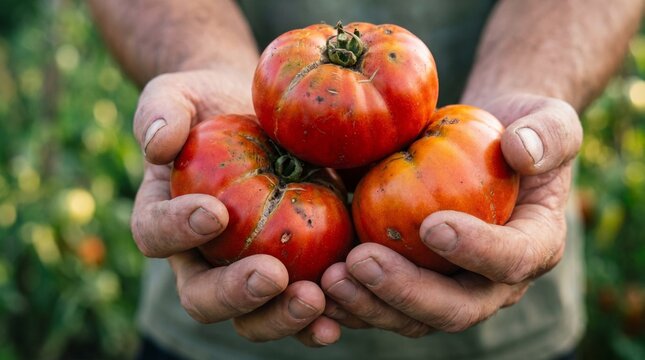 Hands holding imperfect heirloom tomatoes after harvest