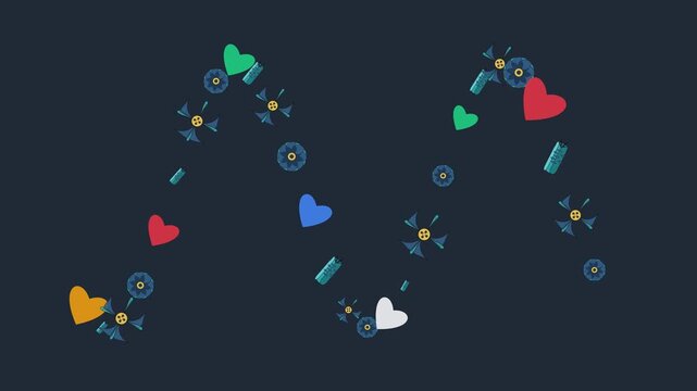 Animated zigzag pattern of colorful hearts and floral sewing buttons