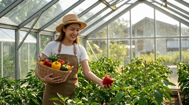 Young woman harvesting bell peppers in greenhouse