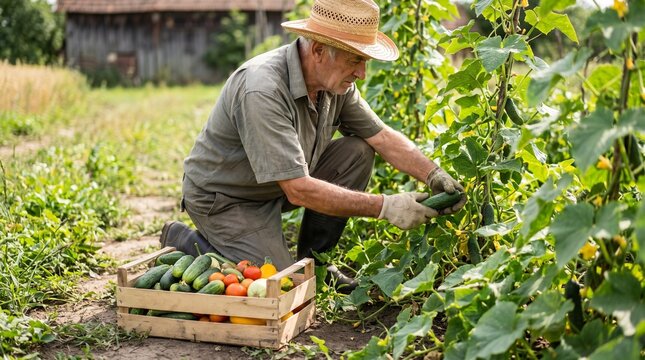 Senior farmer harvesting cucumbers in vegetable garden