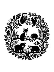 Naklejka premium Woodland Animals Silhouette Wreath Folk Art Illustration