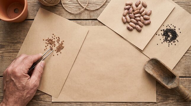 Hand sorting vegetable seeds with tweezers on kraft paper