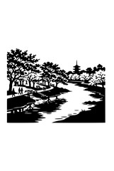 Fototapeta premium Japanese Garden Park with River and Pagoda Silhouette Art
