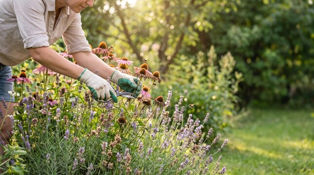 Woman deadheading coneflowers in perennial flower garden