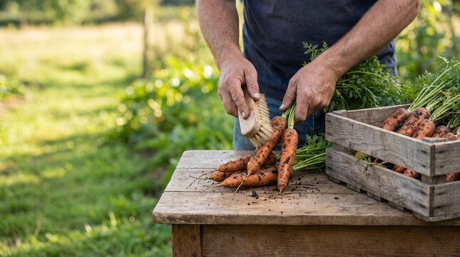 Cleaning freshly harvested carrots with brush
