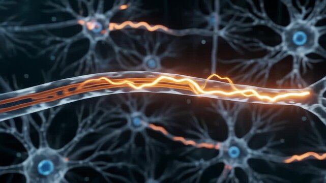 Medical animation showing neurons transmitting electrical signals and releasing neurotransmitters across synapses, illustrating communication within the human brain.