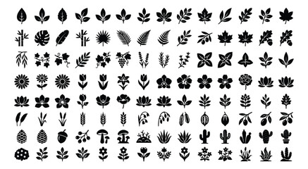 Minimalist nature icons set, 112 black botanical silhouettes of leaves and flowers, flat floral vector elements for logo design and branding © chasad