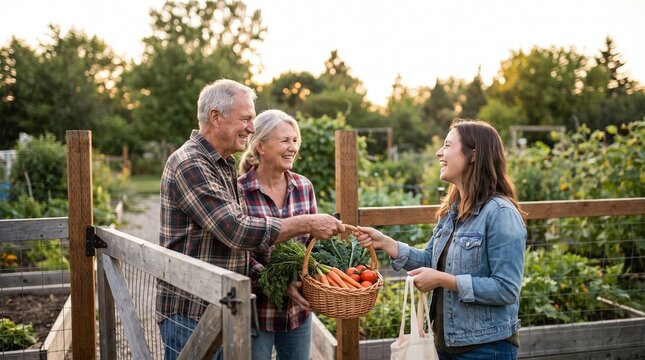 Gardeners sharing fresh vegetable harvest at community garden