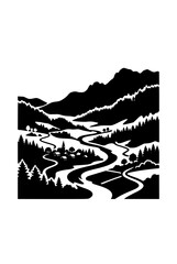 Fototapeta premium Black and white silhouette of a mountain valley landscape with village and river