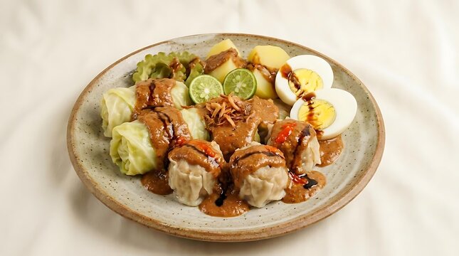 Indonesian Siomay dumplings served with peanut sauce.
