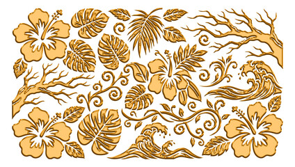 Golden embossed tropical floral pattern featuring hibiscus flowers, monstera leaves, palm fronds, and stylized ocean waves on a flat background © AHR Vector