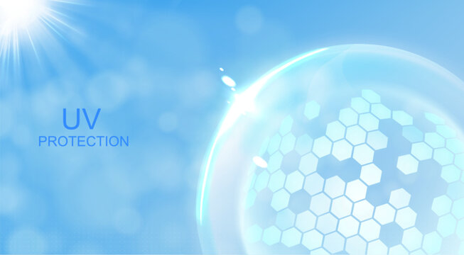 Uv shield protection banner with glass dome barrier and blue hexagon pattern. Vector realistic illustration of transparent 3d sphere with sun light effect, sunscreen technology, ultraviolet block