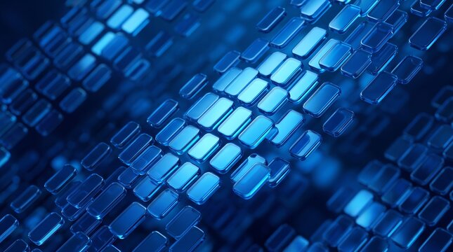 Futuristic digital data matrix background with glowing blue glass blocks