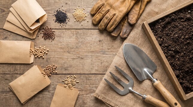 Garden seed packets with hand tools gloves and potting soil on rustic wooden table